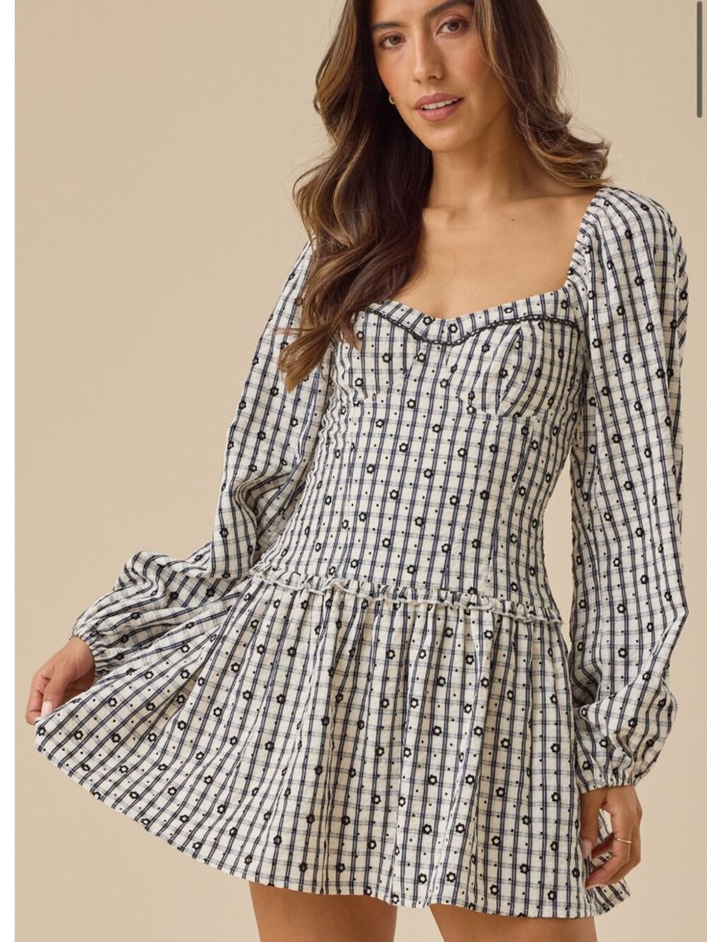 Altar'd State White and Black Checked Puff-Sleeve Mini Dress
